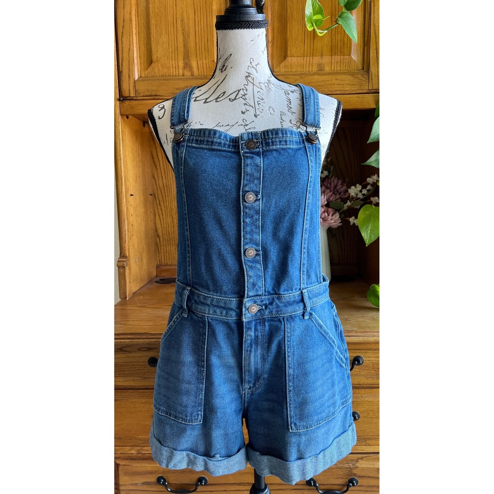 Hollister High-Rise Mom Short Overalls Medium Wash Denim Blue Size Medium